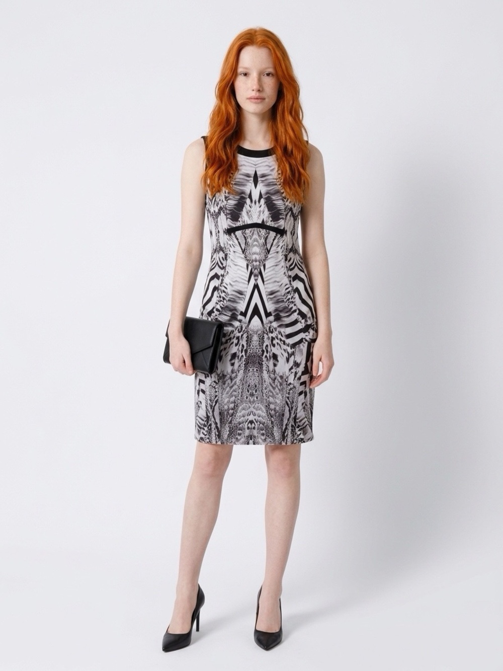 Elana Kattan Sleeveless Black & White Patterned Sheath Dress